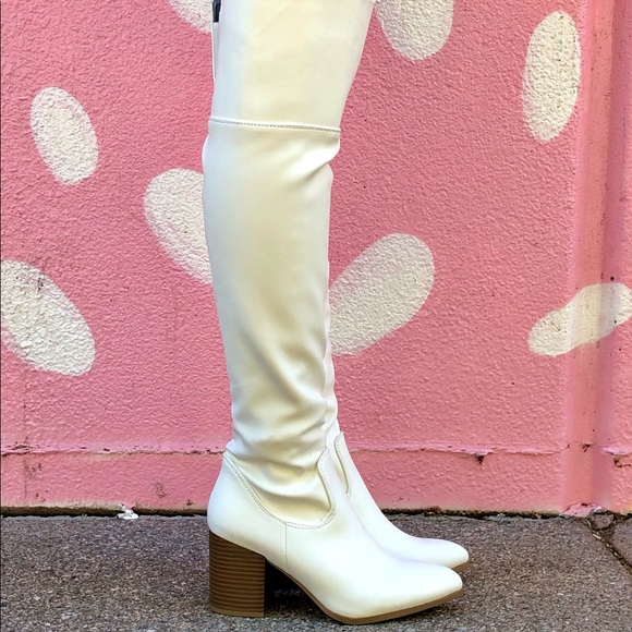 White Vegan Leather Over The Knee Boots - Picture 3 of 11